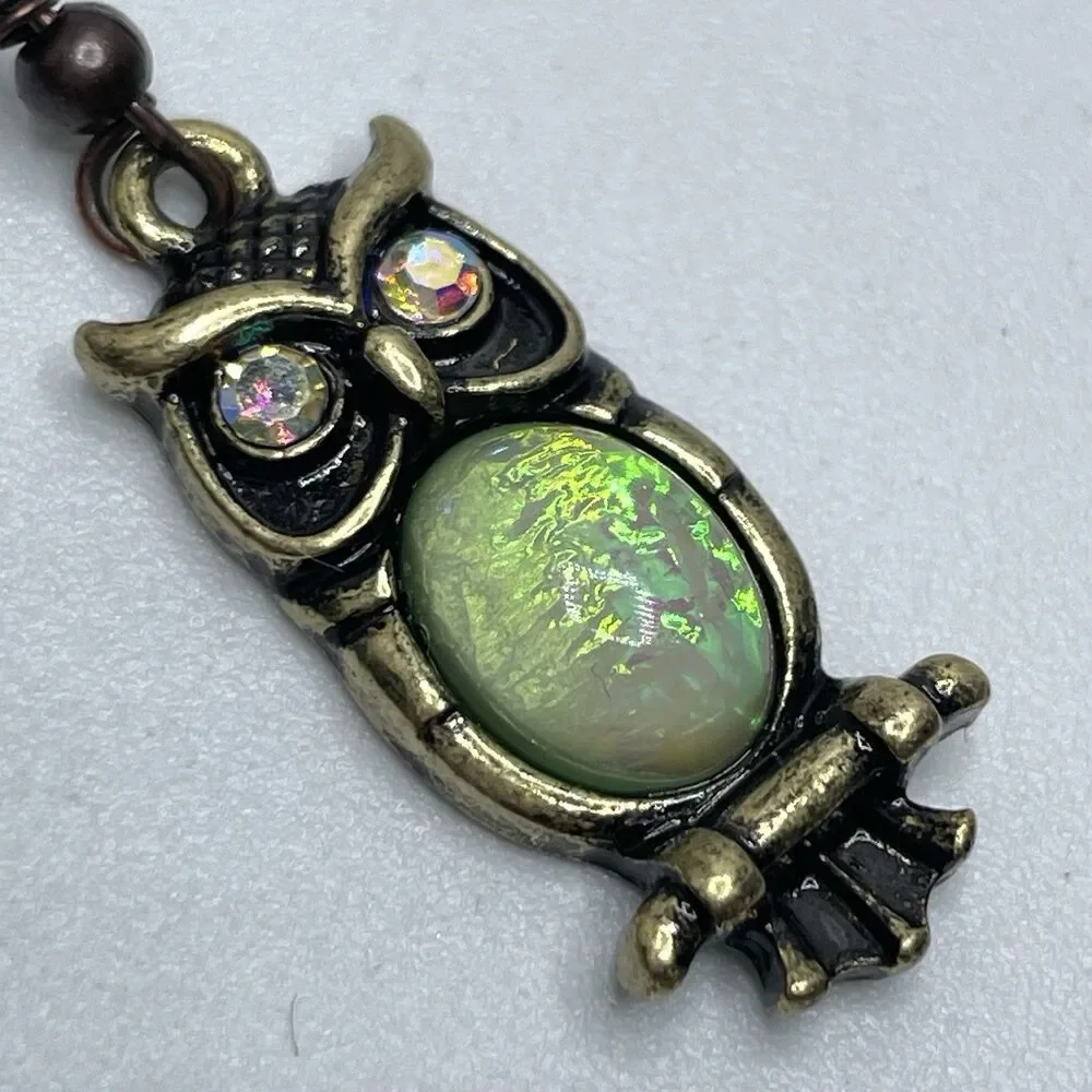 Cute Boho Iridescent Green Rhinestone Owl Dangle Earrings Fun Statement
